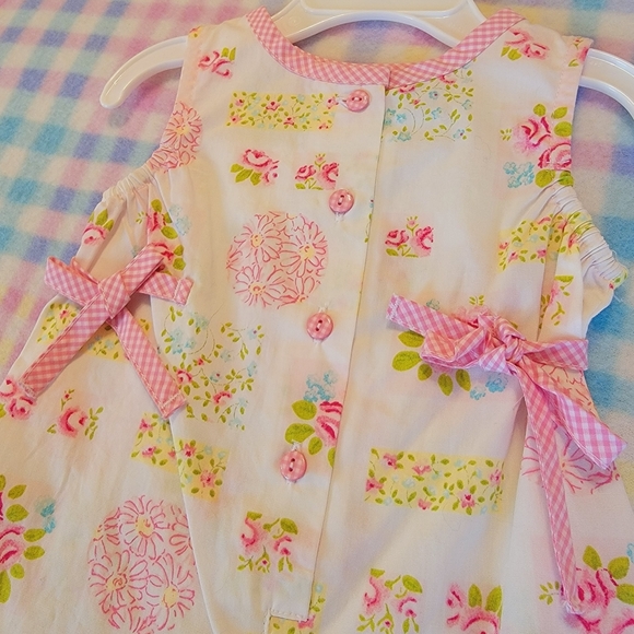 KRU LAYETTE 💐 Sweet Little Pink 'n Green Floral Sleeveless Romper w/Bows  0-3M - Picture 15 of 16